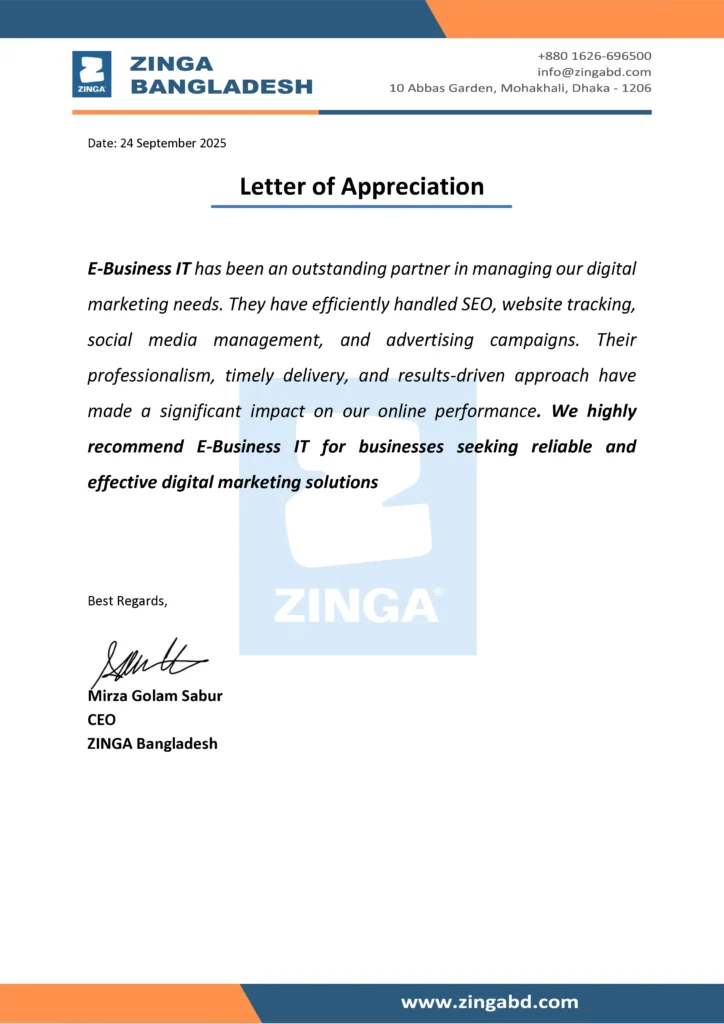 Testimonial from Zinga Bangladesh about E-Business IT services